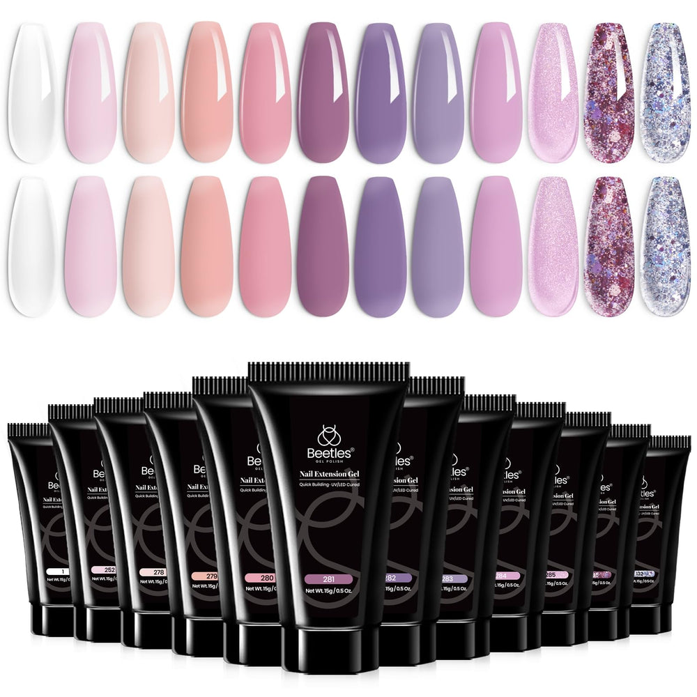 Beetles Nail Extension Gel Set Blackberry Glaze swatches show diverse color options for at-home nail art.