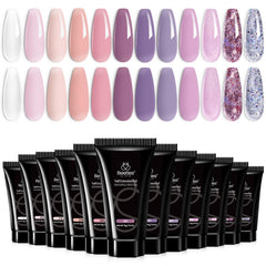 Beetles Nail Extension Gel Set Blackberry Glaze swatches show diverse color options for at-home nail art.