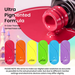 Beetles Neon Gel Polish color swatches highlight six neon hues for vibrant manicure ideas.
