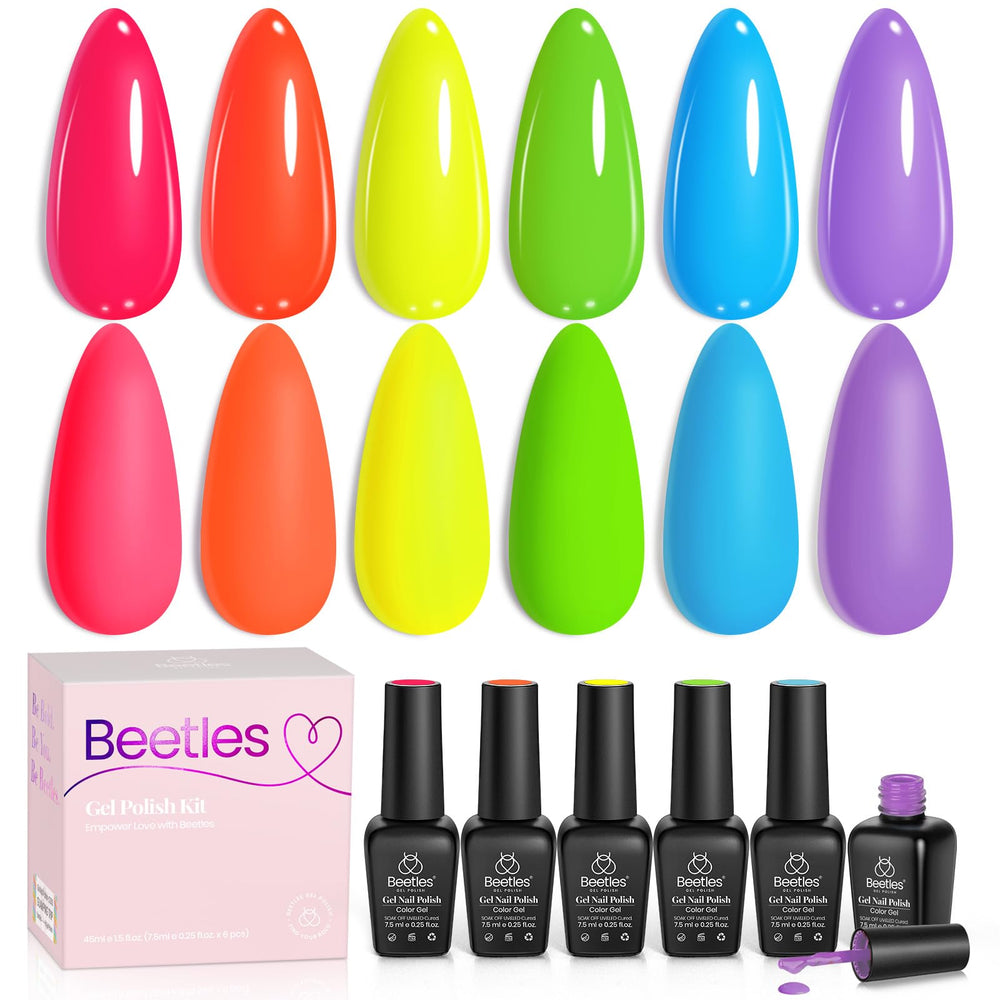 Beetles Neon Gel Nail Polish Set packaging shows six bold neon shades for spring and summer looks.