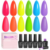 Beetles Neon Gel Nail Polish Set packaging shows six bold neon shades for spring and summer looks.