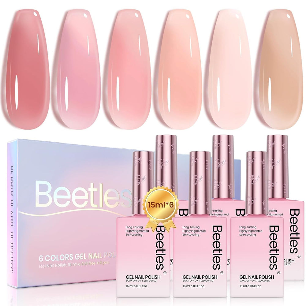 Beetles Nude Pink Gel Nail Polish Set bottle closeup showing six shades for elegant manicure