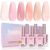 Beetles Nude Pink gel nail polish set bottle swatches show six translucent nude pink shades.
