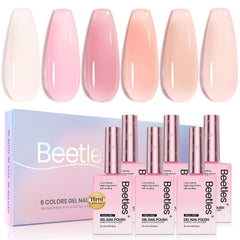 Beetles Nude Pink gel nail polish set bottle swatches show six translucent nude pink shades.