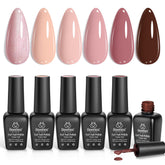 Beetles Nude Symphony bottle close-up showing six nude gel polishes for versatile at-home manicure.