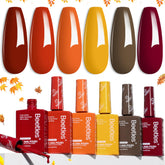 Beetles orange gel nail polish set packaging shows six fall shades for at-home manicures.