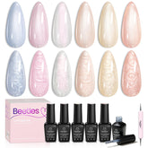 Beetles Pearl Gel Polish Glitter Silk Set packaging with six shimmering colors for versatile looks.