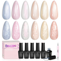 Beetles Pearl Gel Polish Glitter Silk Set packaging with six shimmering colors for versatile looks.