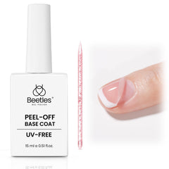 Beetles Peel Off Base Coat bottle closeup showing easy air-dry formula for nail art practice