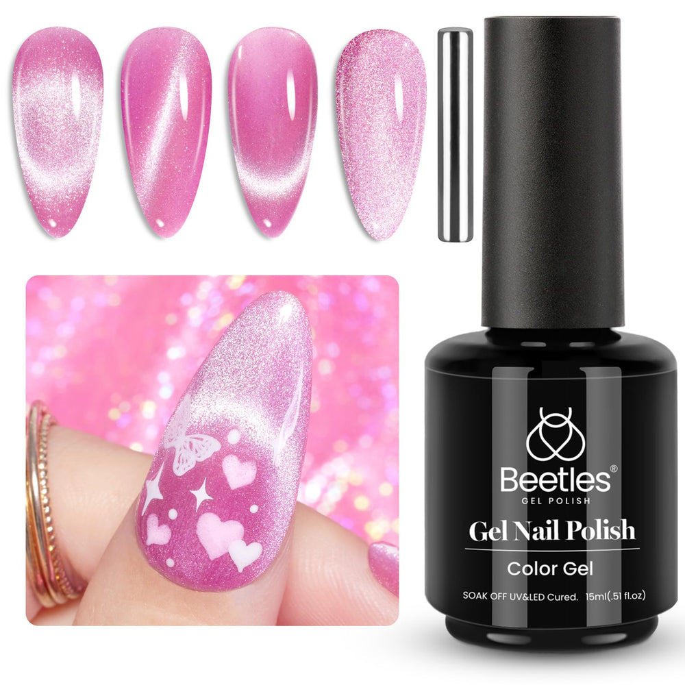 Beetles Pink Cat Eye Gel Nail Polish bottle with pink glitter for glamorous nails.