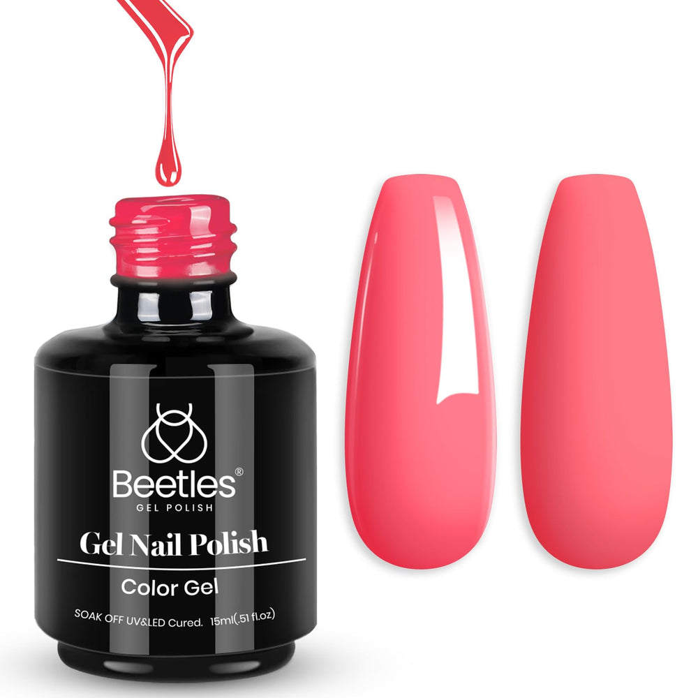 Beetles Pink Gel Nail Polish Strawberry Solid 15ml bottle, long-lasting color for home manicures.