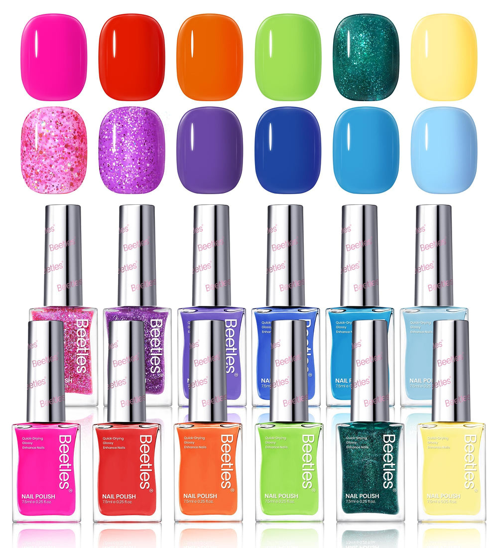 Beetles quick-dry neon nail-polish-set 12-color palette for vibrant DIY manicures.