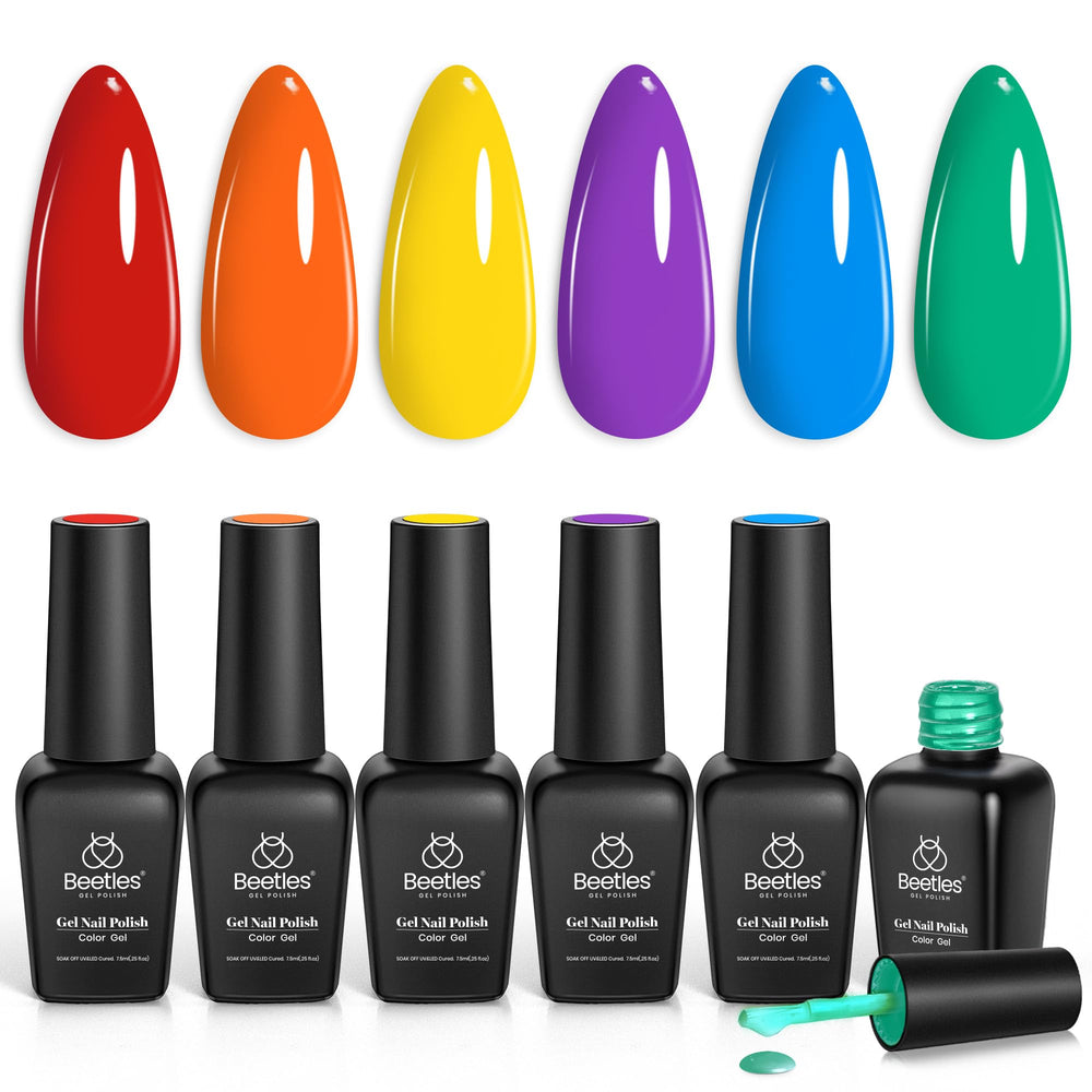 Beetles Rainbow Gel Polish Set six colors swatches show bold, long-lasting shine