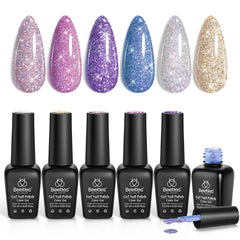 Beetles Reflective Glitter Gel Polish kit shows six bottles with holographic sparkle for festive nails.
