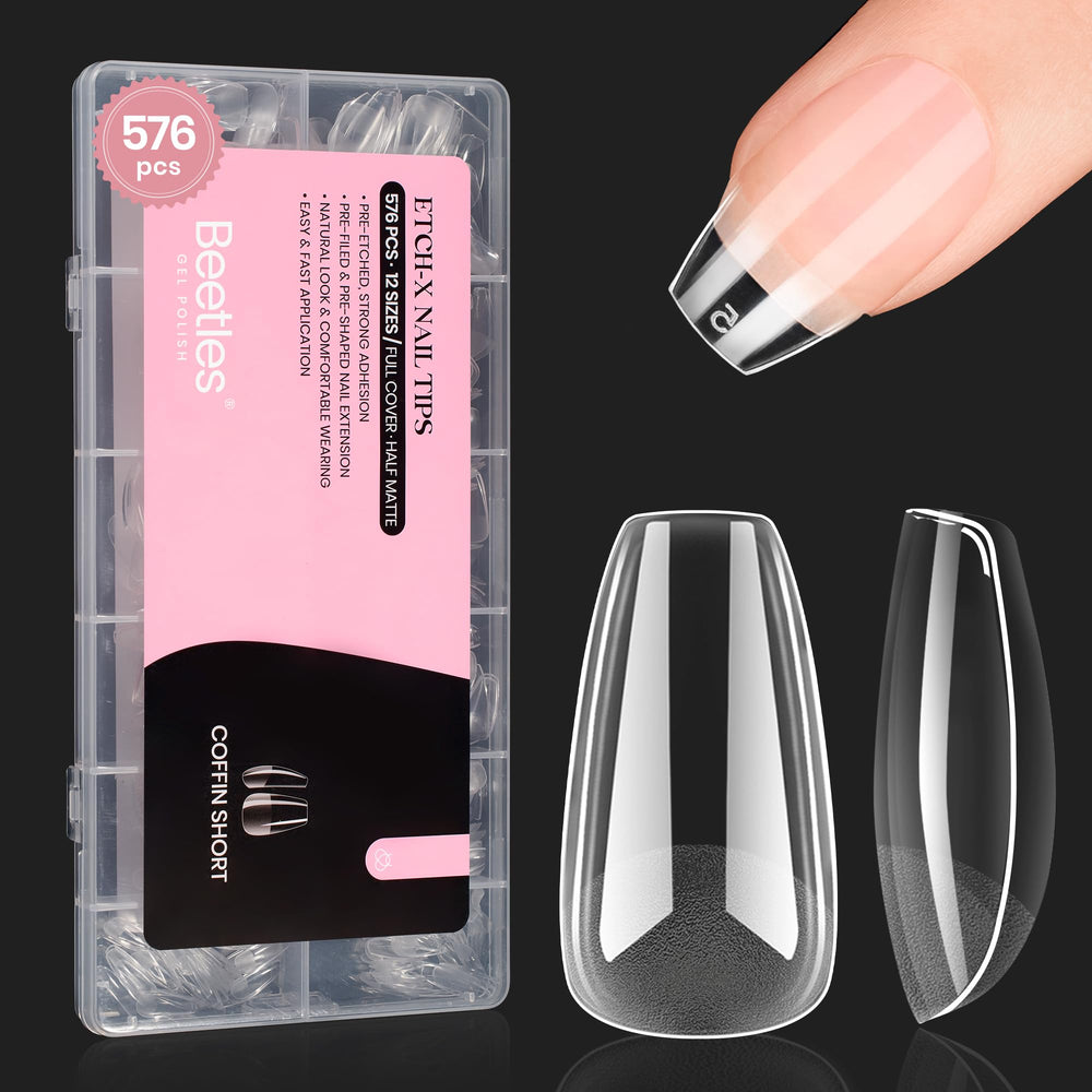 Beetles short coffin nail tips, 576-piece set, organized for quick selection and length options.