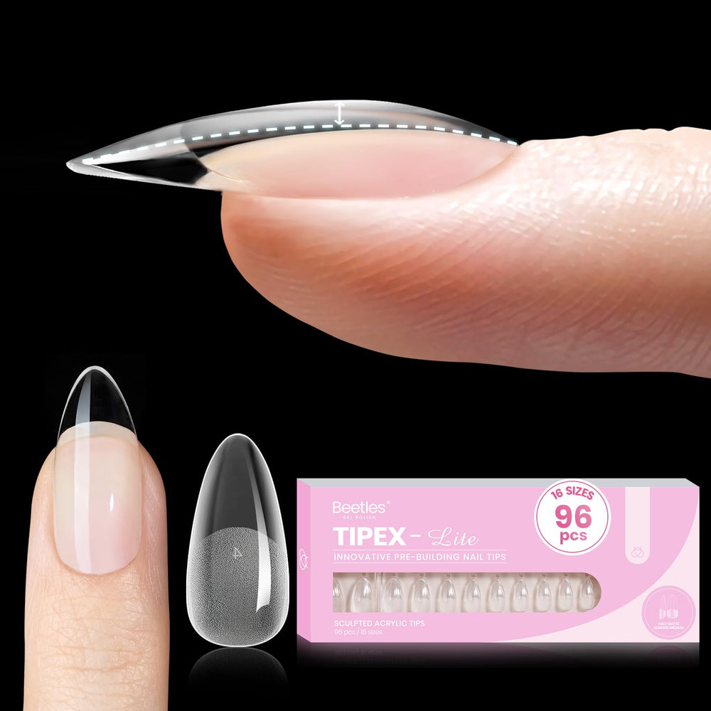 Beetles Tipex Lite almond medium nail tips show natural fit for quick, seamless manicures