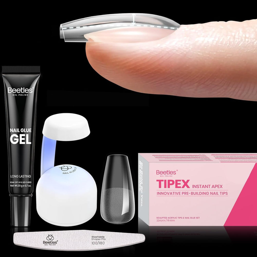 Beetles Tipex tip set with 224 coffin tips for secure extensions.