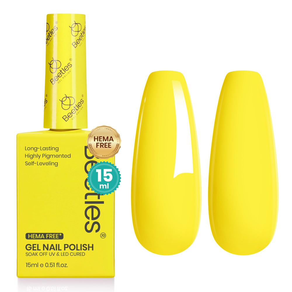Beetles Sunrise Glow yellow gel polish bottle with bright, glossy color for DIY manicures