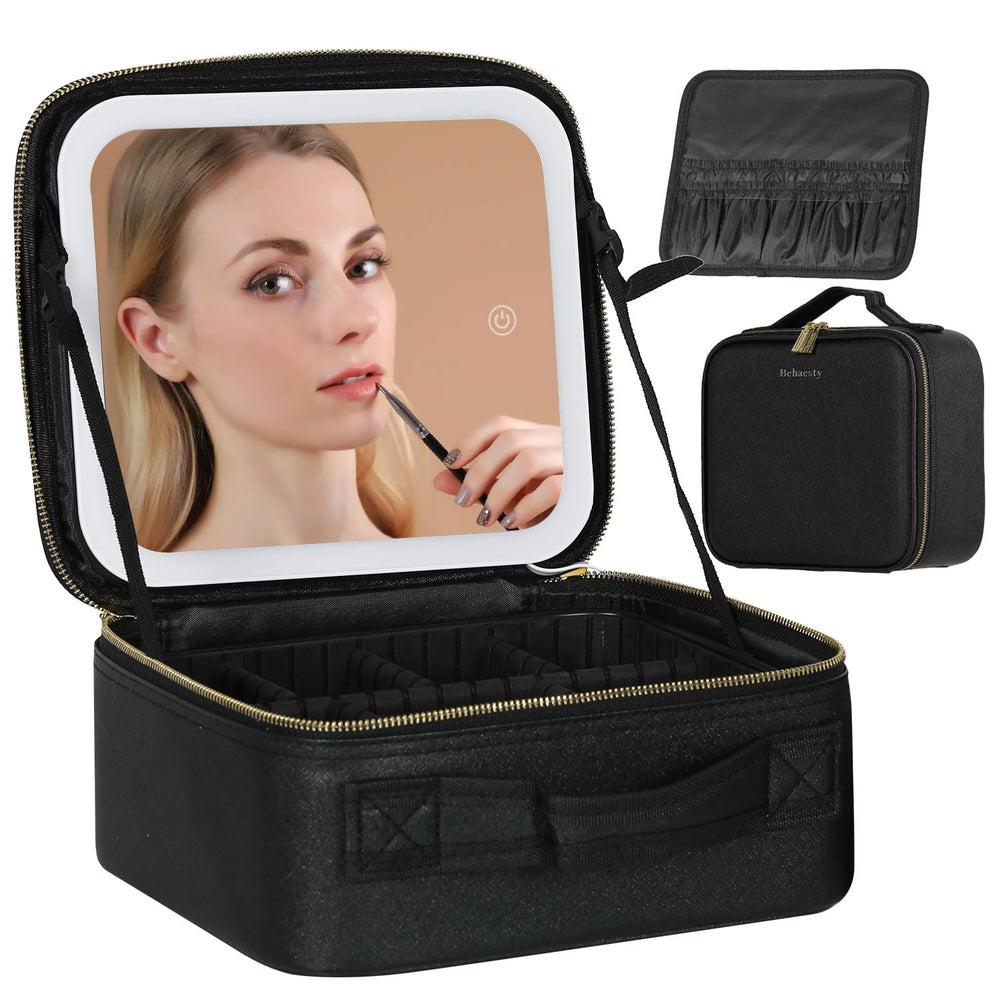 Behaesty travel makeup bag with cover mirror shows waterproof PU exterior for on-the-go touch-ups