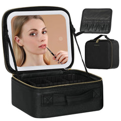 Behaesty travel makeup bag with cover mirror shows waterproof PU exterior for on-the-go touch-ups
