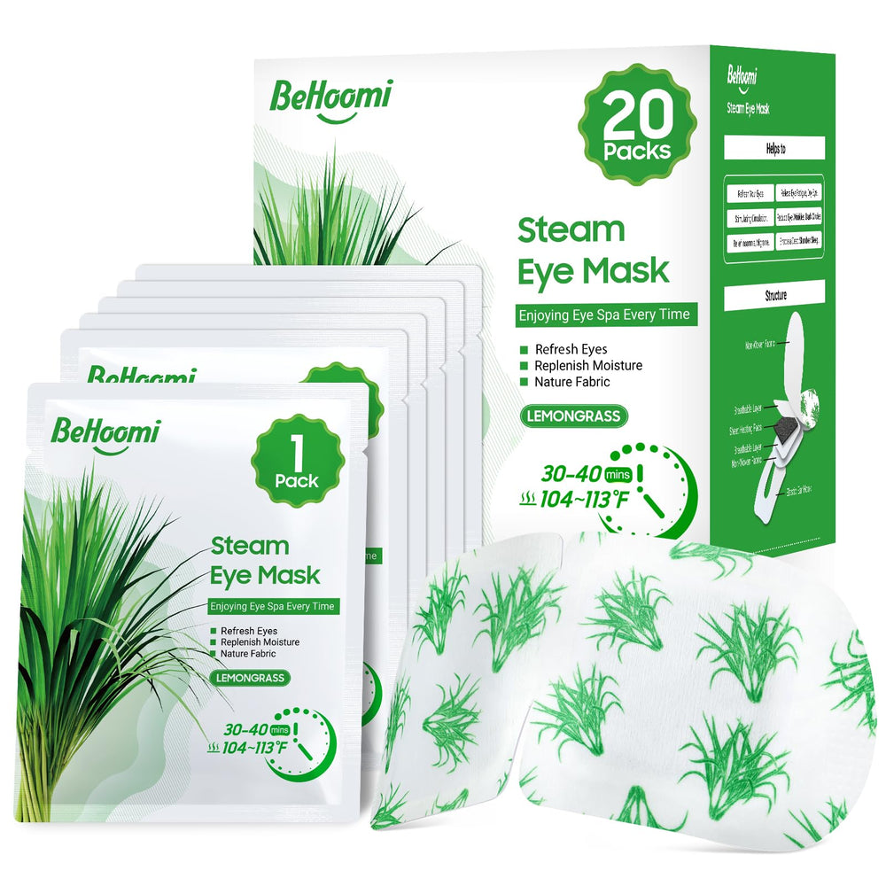 BeHoomi Lemongrass steam eye mask packaging evokes spa-like relaxation.