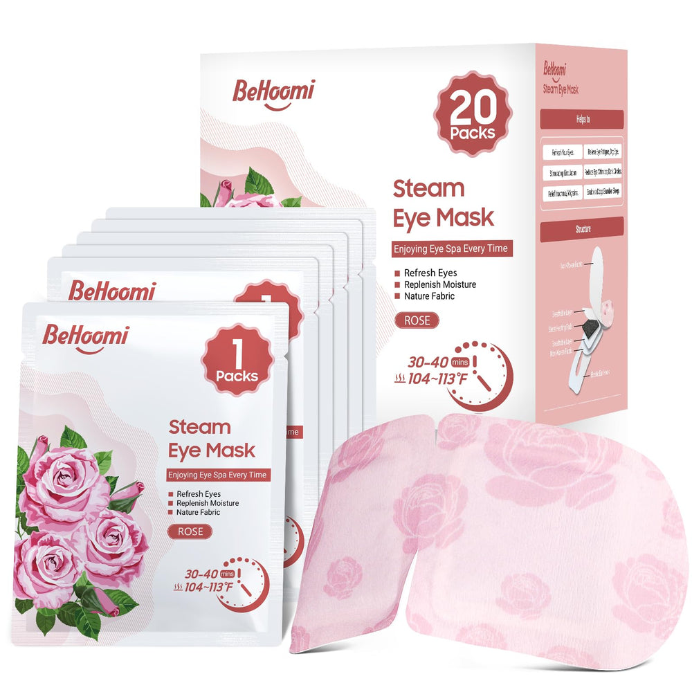 BeHoomi Rose steam eye mask packaging showcases easy, self-heating relief for travel.