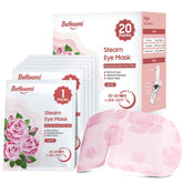 BeHoomi Rose steam eye mask packaging showcases easy, self-heating relief for travel.