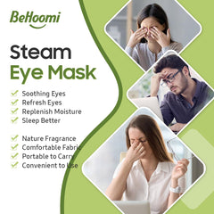 BeHoomi steam eye mask worn on face delivering warm relaxing comfort