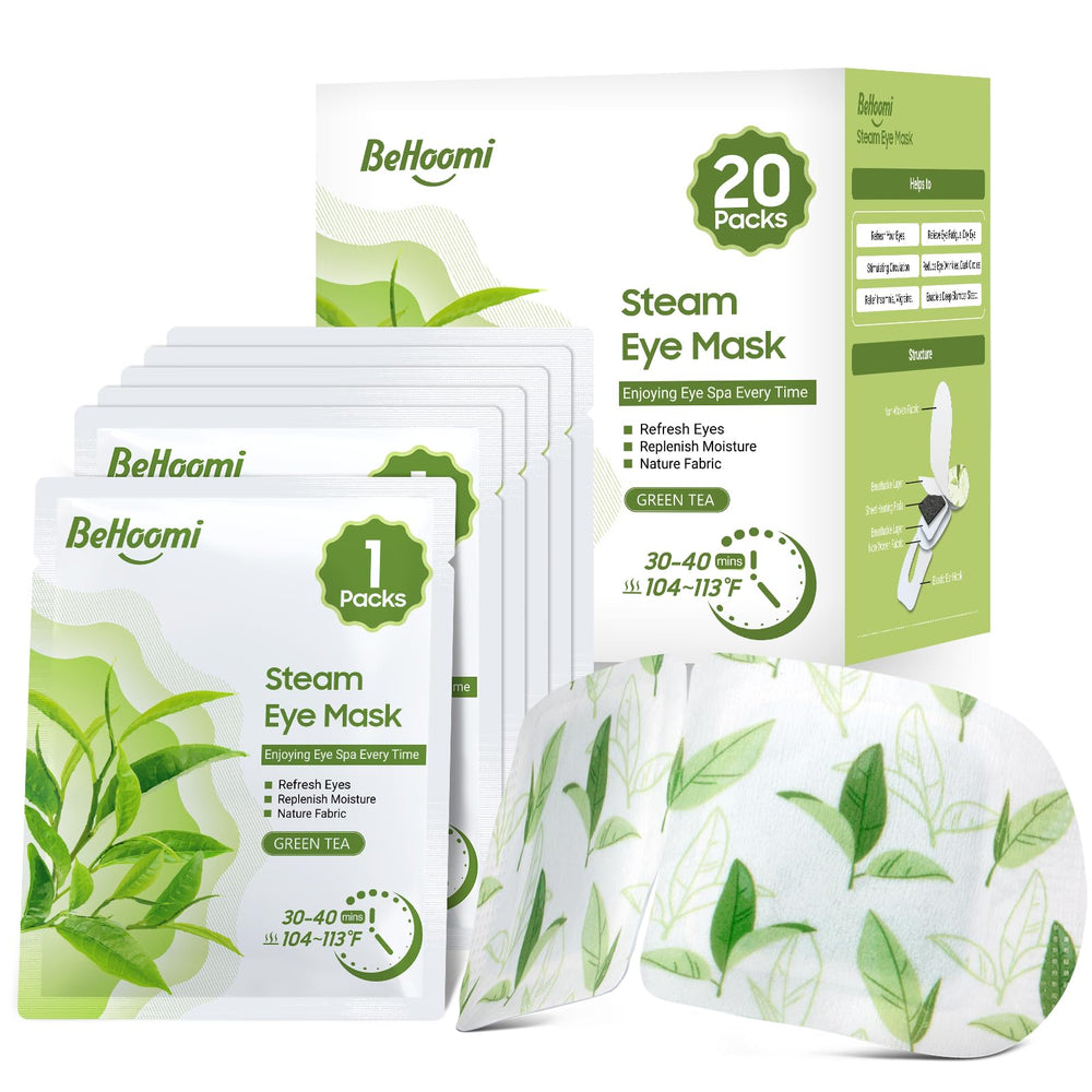 BeHoomi steam eye mask packaging showing convenient self-heating solution