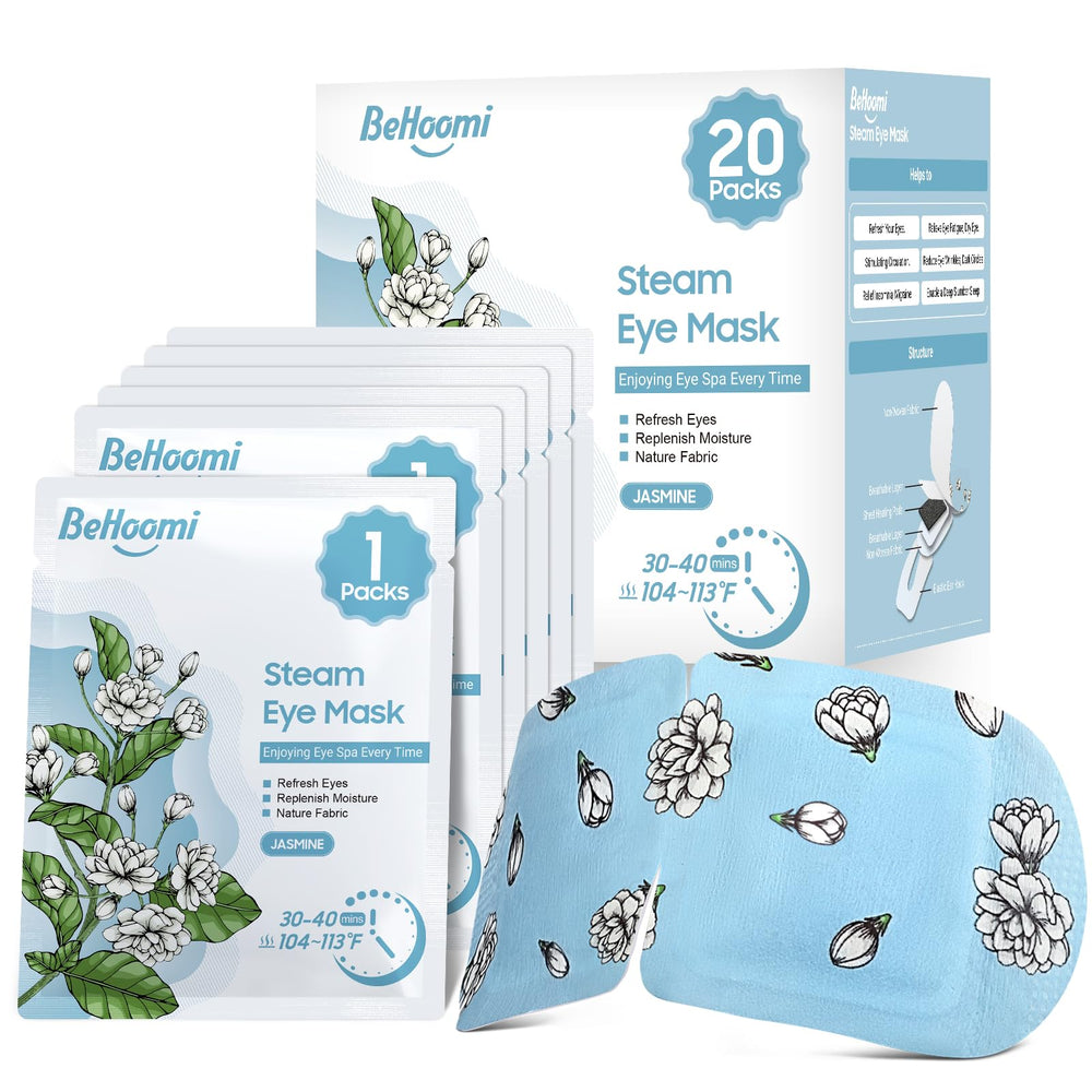 BeHoomi steam eye mask packaging shows 20-pack box for travel and relaxation.