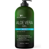Being Naturals Aloe Gel bottle pour demonstrates easy, refreshing skin hydration.