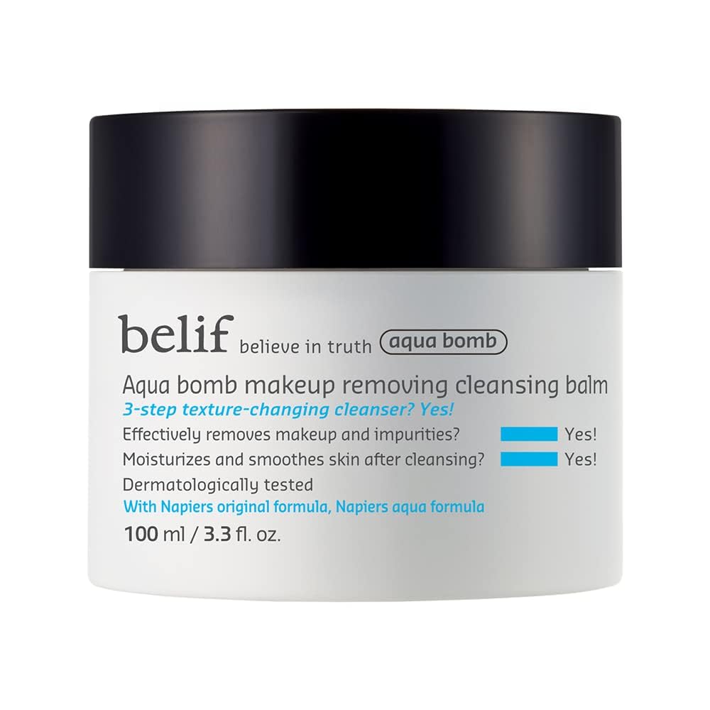 belif Aqua Bomb Cleansing Balm jar close-up showing hydrating texture for makeup removal