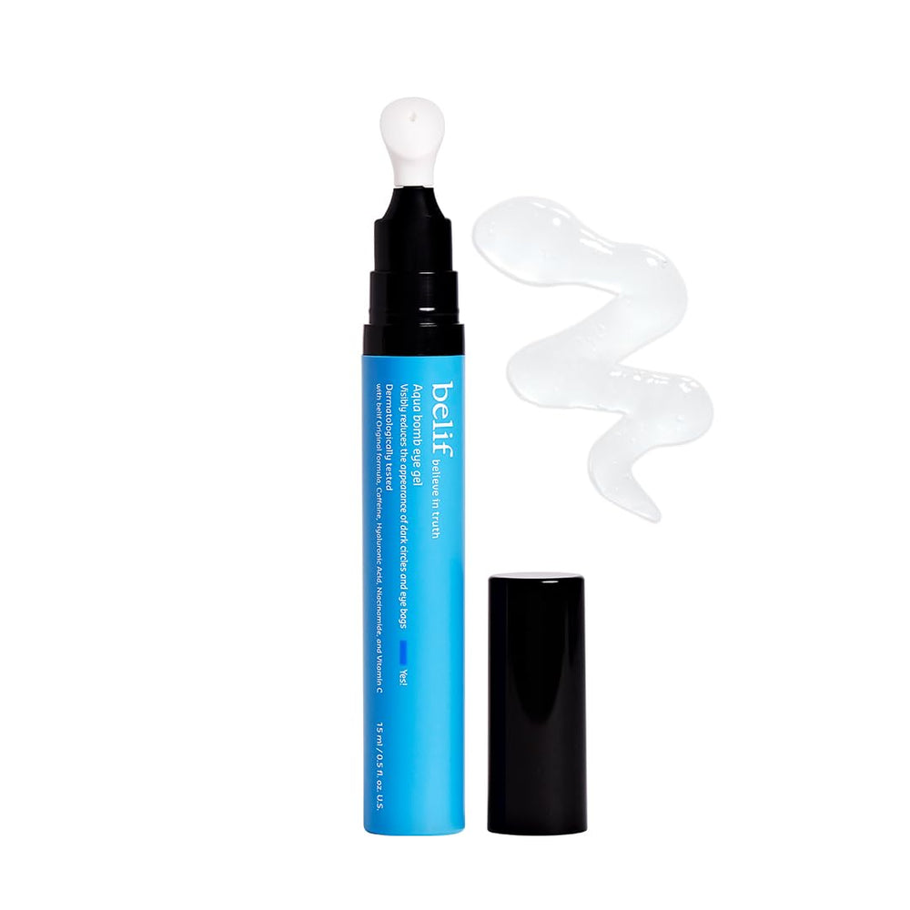 Belif Aqua Bomb Cooling Eye Gel ceramic tip applicator cools and hydrates delicate eye area.