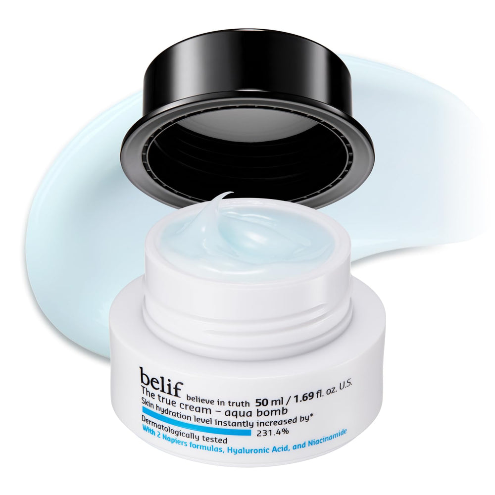 belif Aqua Bomb hydration jar close-up promotes plump, refreshed skin.