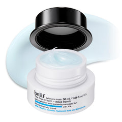 belif Aqua Bomb hydration jar close-up promotes plump, refreshed skin.