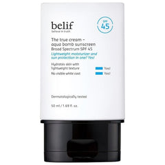 belif Aqua Bomb SPF45 bottle shows compact daily sun care