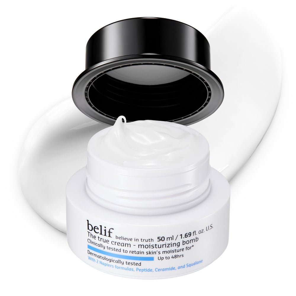 belif Moisturizing Bomb jar with milky texture for lightweight hydration and refreshed skin.