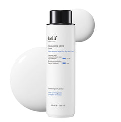 belif Moisturizing Bomb Toner bottle closeup shows milky hydration for dewy skin