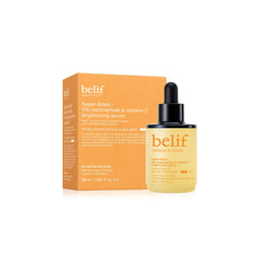 belif Niacinamide 5% & Vitamin C Super Drops serum bottle promotes radiant, even-toned skin.