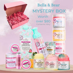 Bella and Bear Mystery Box full-size items highlight premium bath and skincare treats for indulgence