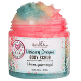 Bella & Bear Unicorn Dream Scrub bottle showing mango-pineapple-vanilla scent for a refreshing shower ritual