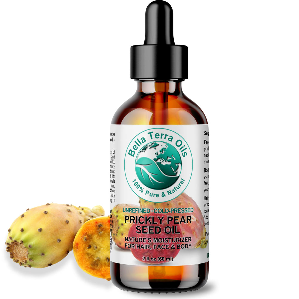 Bella Terra Oils prickly pear seed oil bottle glowing with luxe hydration
