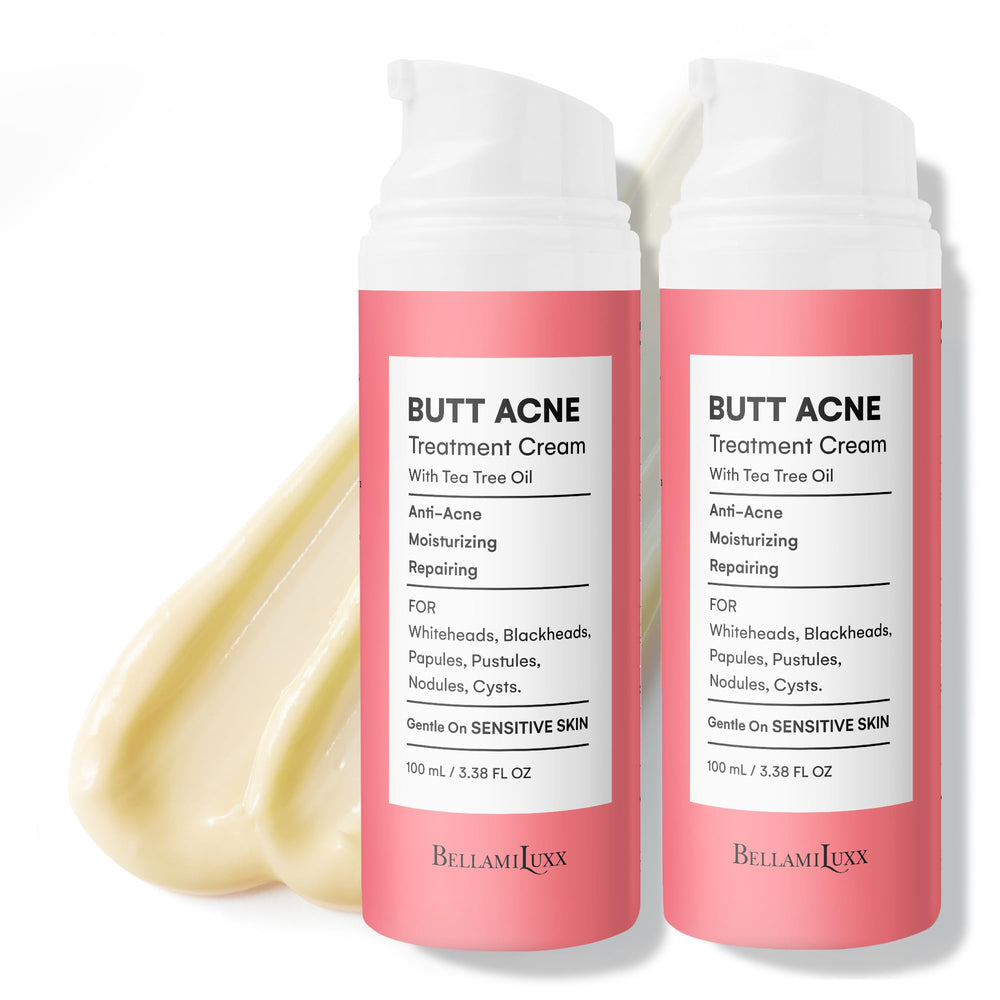 BellamiLuxx butt acne cream bottle shows targeted treatment for smoother skin