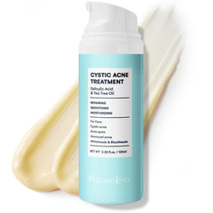 BellamiLuxx cystic acne bottle close-up showing targeted treatment for redness and pimples.