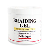 Bellatique professional braiding gel jar highlights maximum hold and glossy finish.