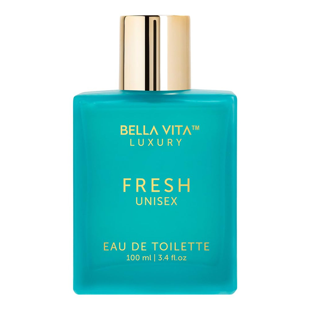 BellaVita Luxury Fresh unisex EDT bottle pour in soft light for all-day refreshment.
