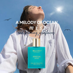 BellaVita Luxury Fresh unisex EDT label closeup emphasizes bergamot and vanilla notes.