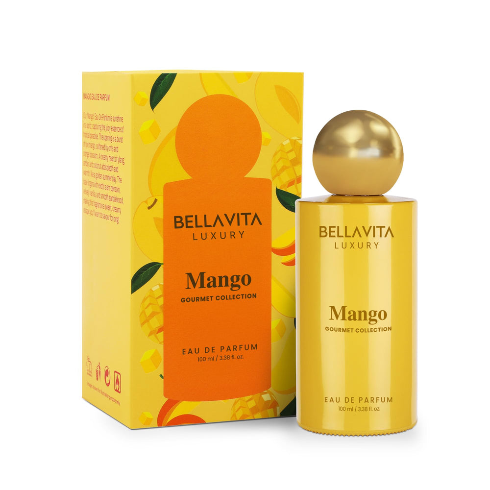 Bellavita Mango EDP bottle ready for wear, fruity floral warmth suggested for daytime elegance.