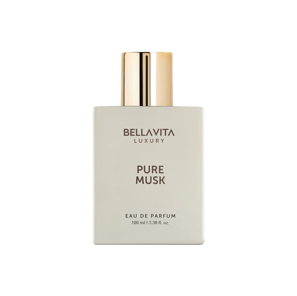 BellaVita Pure Musk bottle closeup highlighting luxurious wood notes for all-day wear.