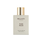 BellaVita Pure Musk bottle closeup highlighting luxurious wood notes for all-day wear.